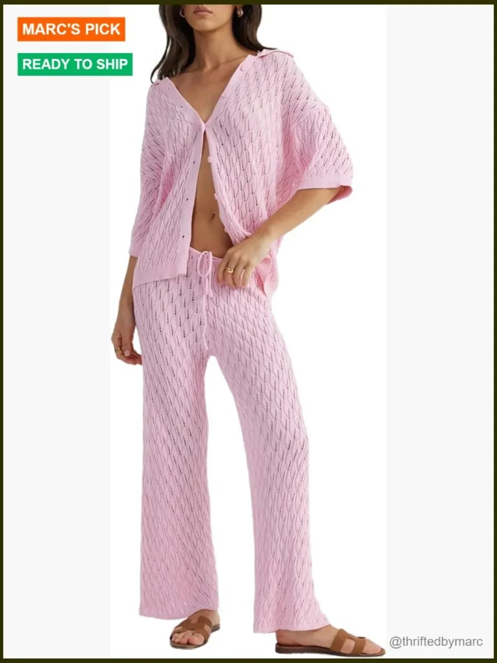 Women's Two Piece Matching Lounge Set - Short Sleeve Button Top & Wide Leg Pants